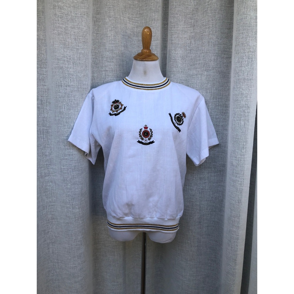 Jordana nautical embroidered crests faux linen white navy gold top